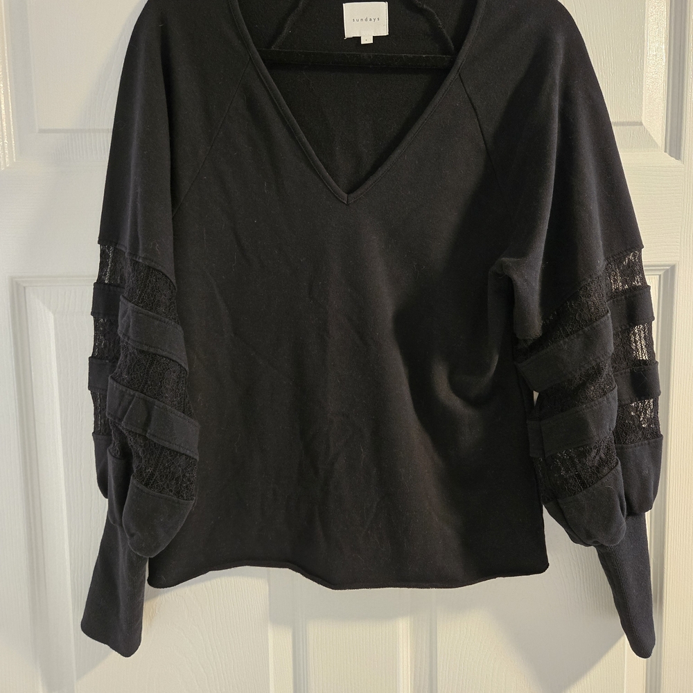 Sundays Black V-Neck Sweater with Lace Sleeves